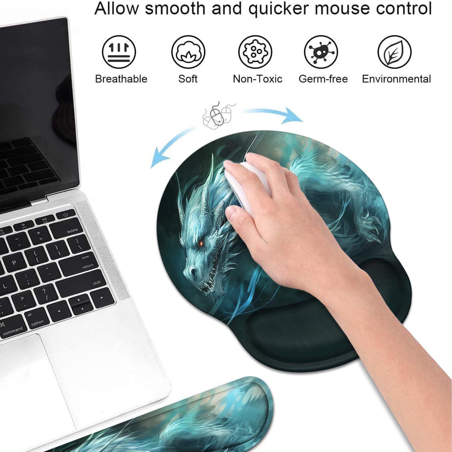 Keyboard Wrist Rest and Mouse Pad Wrist Support Set with Coasters, Ergonomic Gaming Mousepad Non-Slip PU Base for Home Office Working Studying Easy Typing & Pain Relief - Dragon