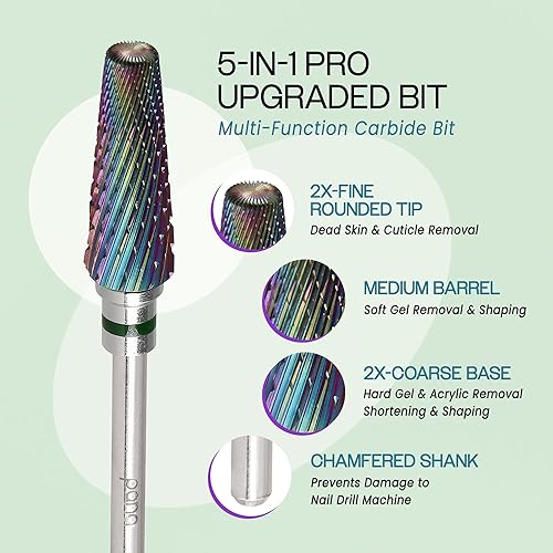 Miniatura 202 de PANA Broca de carburo de uñas 5 en 1 – Uso de rotación bidireccional para zurdos y diestros – acrílico de eliminación rápida o gel duro – vástago