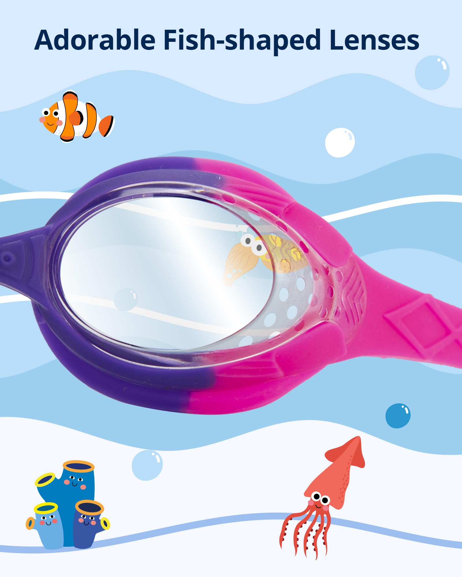 SWAUSWAUK Gafas de Natación para Niños de 4-10 años, Gafas Piscina Niños, Diseño de Pez, Antiniebla y Ajuste Cómodo