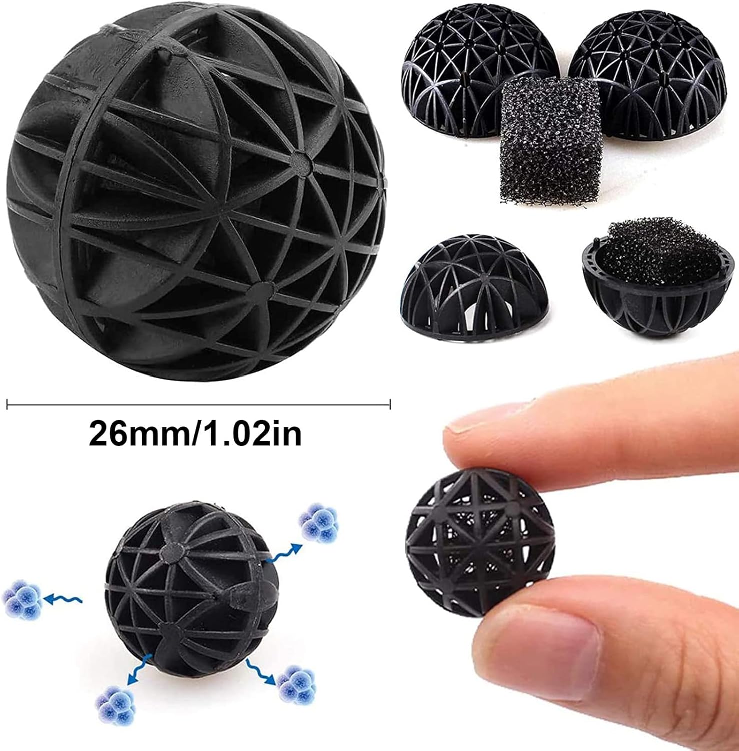 1000pcs Black Filter Bio Ball, Bio-Ball Filter, with Sponge, for Aquarium Fish Pond Waterfall Fountain Fish Tank Aquarium