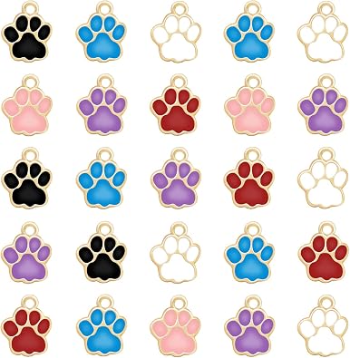 60Pcs 6Colors Dog Paw Footprint Charms Alloy Gold Enamel Animal Puppy Bear Cat Dog Paw Prints Charm Pendant Beads for DIY Jewelry Making Necklace Earrings Bracelet
