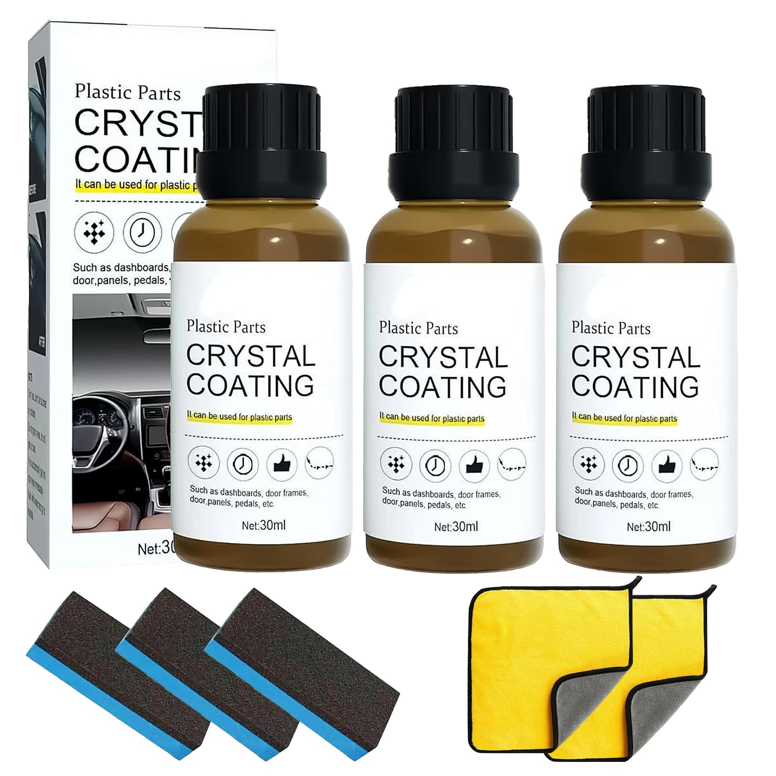 HEUIOP 3Pcs Crystal Coating Plastic Restoration, Car Plastic Restorer Polish & Refurbishing with Sponge and Microfiber Towels for Cars and Motorbikes for Automotive Exterior and Interior