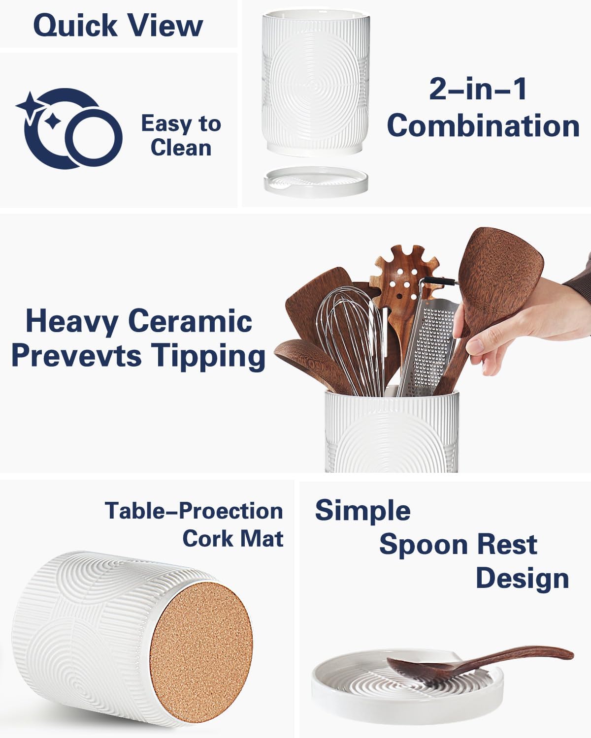 Utensil Holder, 7.2" Kitchen Utensil Holder for Counter, 2-in-1 Ceramic Cooking Utensils Holders with Spoon Rest, Utensil Crock for Spatula, Ideal Housewarming Gift (White)