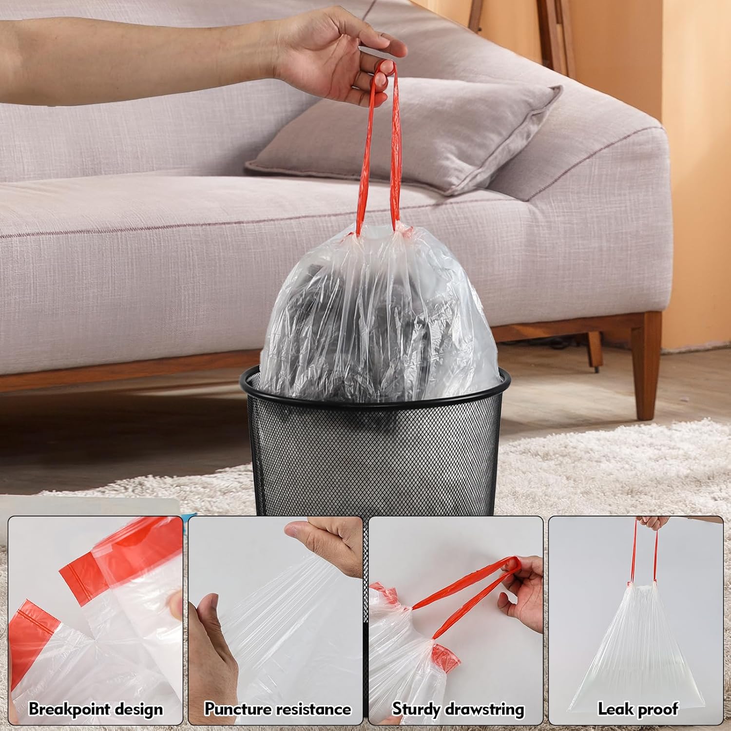 Yuright 5 Gallon Drawstring Garbage Bags, Small Clear Trash Bags with Handle, 4 Rolls/220 Counts, F