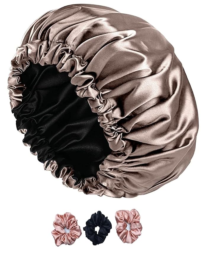 Simmi Luxry Satin Bonnet for Smooth Hair, Satin Silk Hair Bonnet with 3 Premium Scrunchies| Shower Cap Bonnet Sleep with Adjustable Tie Band for All Hair Type (Rose Tope)