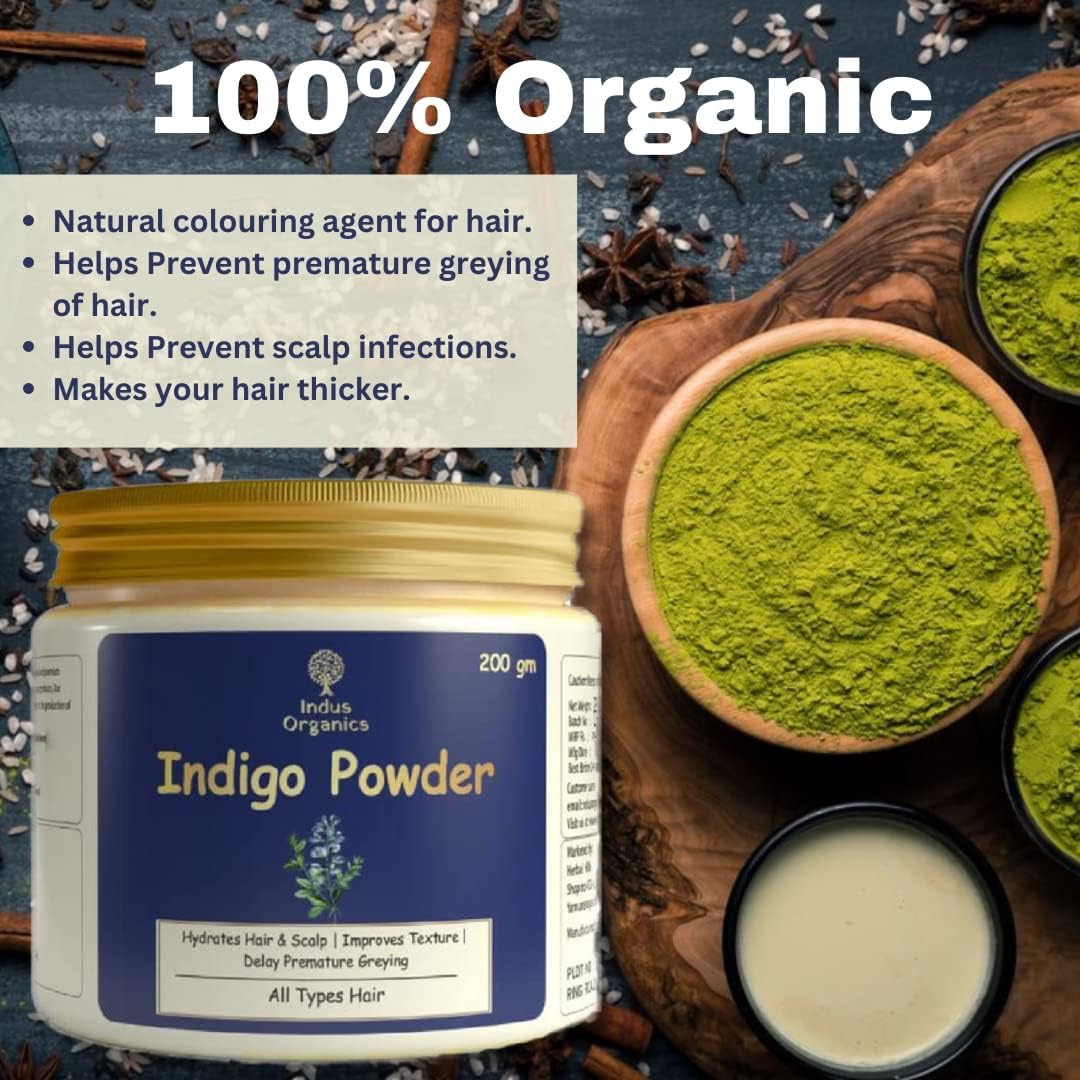 Indus Organics Indigo Powder 200 Grams(Pack of 2) for Hair Colour| Protects hair from Damage | Natural Hair Colour| No added Preservatives 2