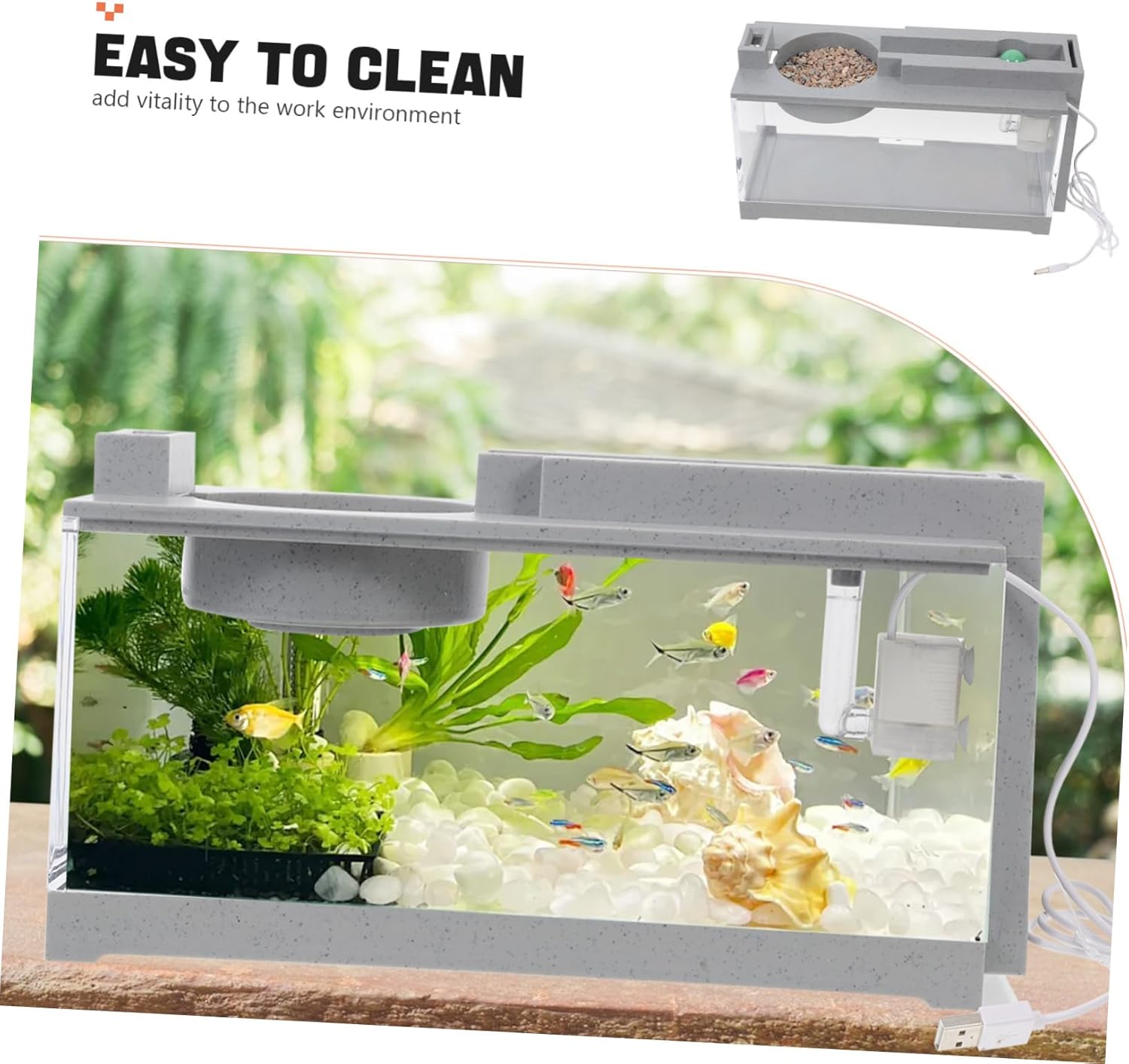 HAPINARY Desktop Aquarium with 'Easy to Clean' text