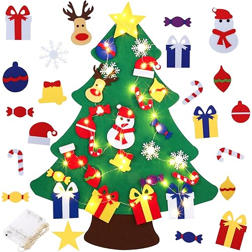 Abakuku 3FT DIY Felt Christmas Tree for Kids with 31pcs Detachable Ornaments,Wall Hanging Xmas Christmas Decorations with String Light (Batteries Not Included)