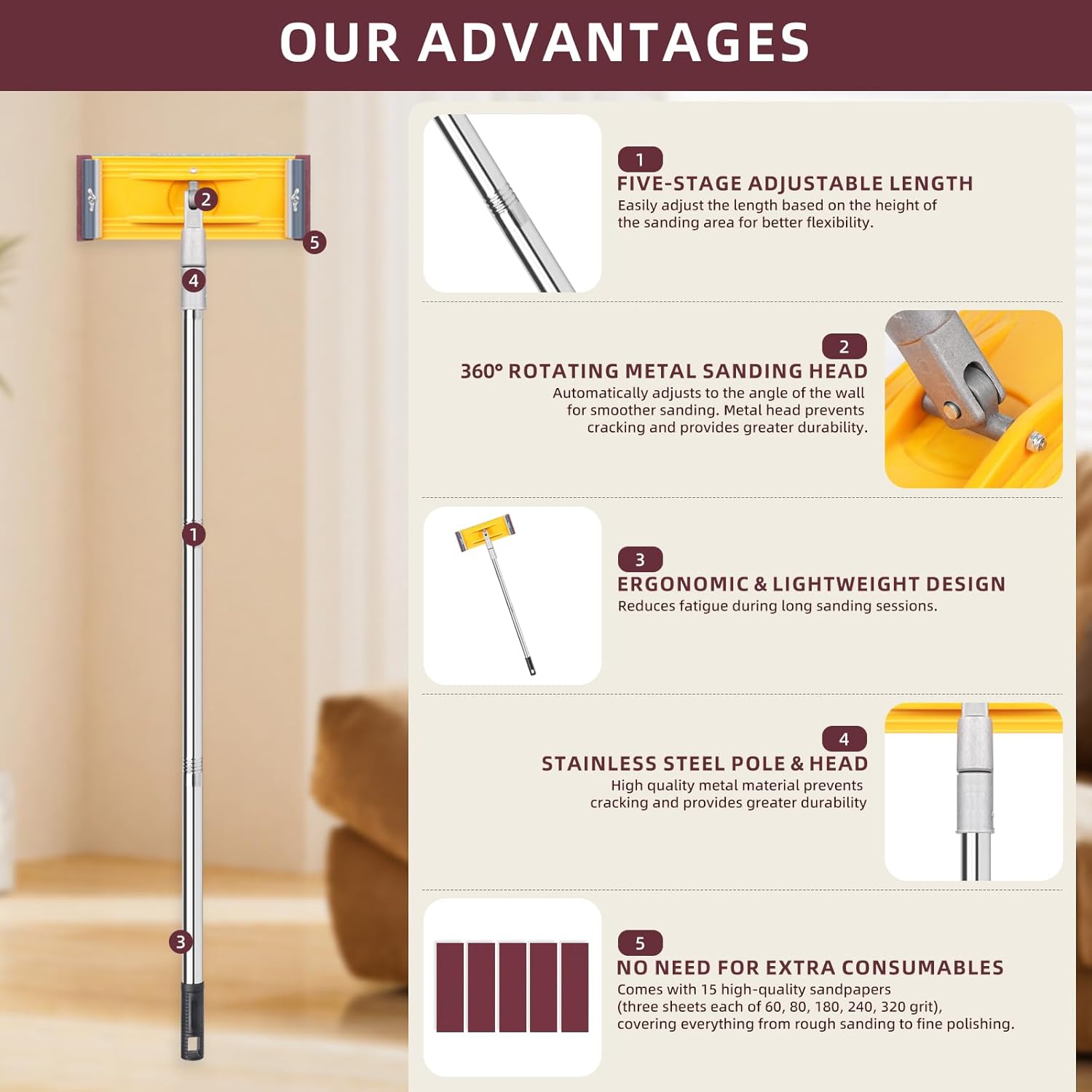 Pole Sander For Drywall Adjustable Extension - Manual Hand Sanding Pole, Wall Sander for Painting Prep, Complete with 15pcs Sanding Sheets, 12-55inch (3 Pieces Each of 60, 80, 180, 240, 320 Grit)