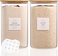 2-Pack 149oz Large Square Glass Flour Sugar Containers with 132 Pantry Labels & Airtight Bamboo Lids for Rice Coffee Pasta