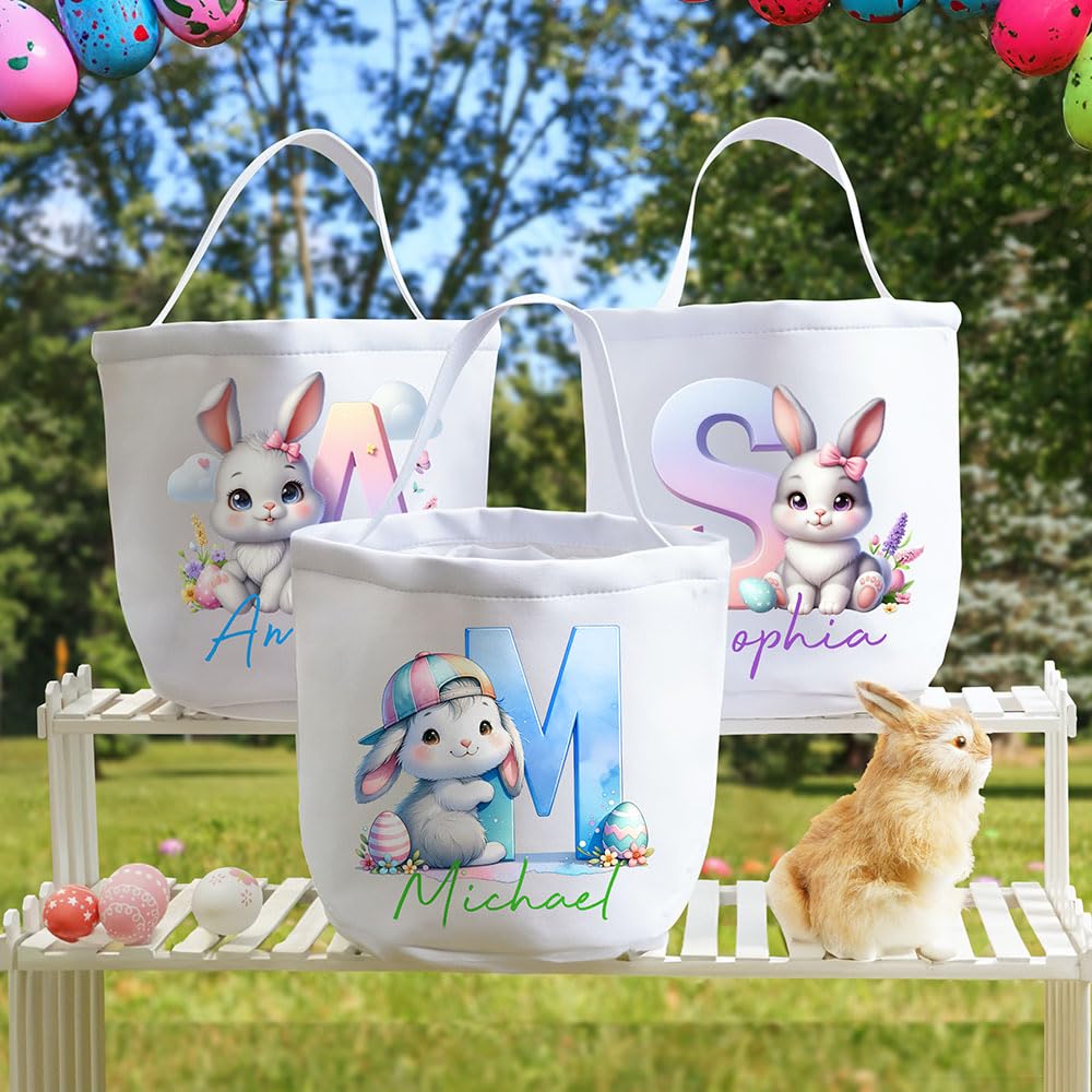 CALLIE Personalized Easter Basket for Kids - Custom Name Canvas Tote with Bunny Design Egg Hunt Bag & Party Favors Organizer image 5