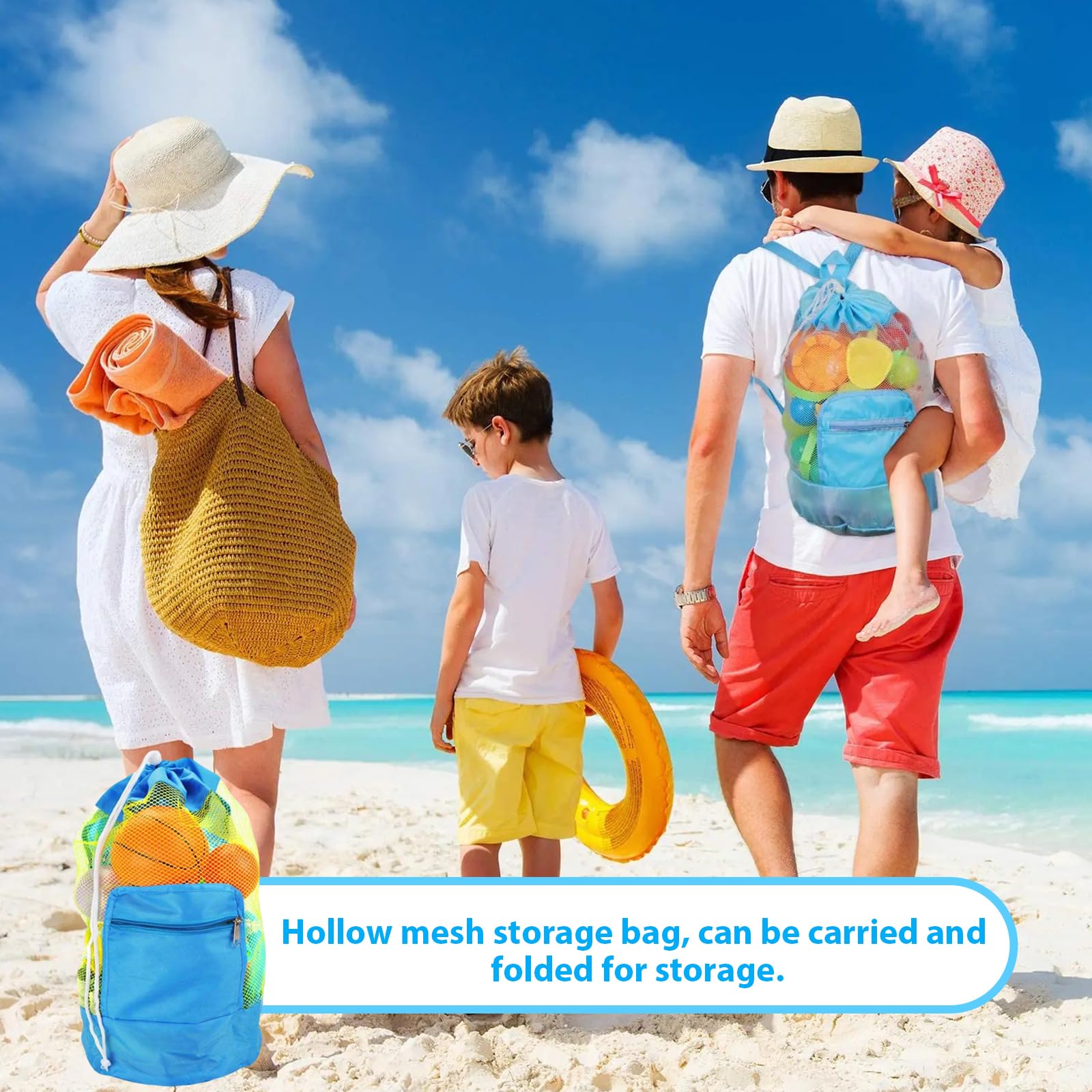 Bolsa de Juguetes Playa de Malla 48 * 24cm Bolsa Plegable de Malla de Playa Azul Incluye 1 Guante Bolsas de Juguetes Plegable Portátil Reutilizable para Niños Guardar Concha