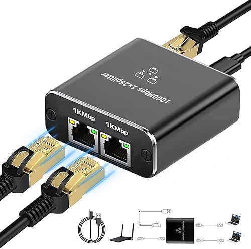 Gigabit Ethernet Splitter 1 a 2 de alta velocidad, divisor de Internet de 1000 Mbps 1 en 2 salidas, LAN con cable de alimentación USB, RJ45 para