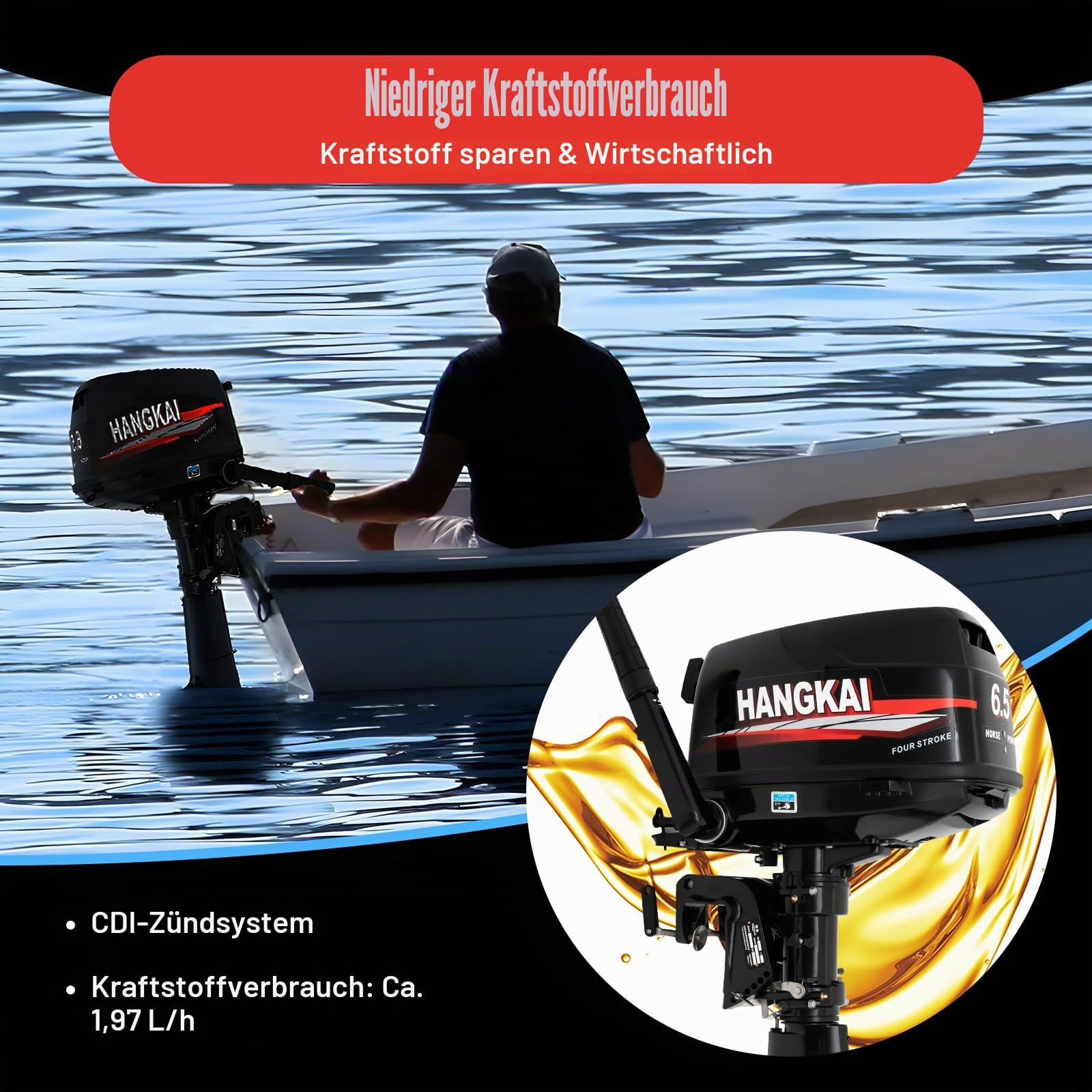 6.5 PS 4-Takt Außenbordmotor Bordmotor, 123CC Leistungsstarker Benzinmotor mit Kraftstofftank, CDI-Schwerlast-Außenbordmoto für Schlauchboote, Fischerboote, Fischerboote