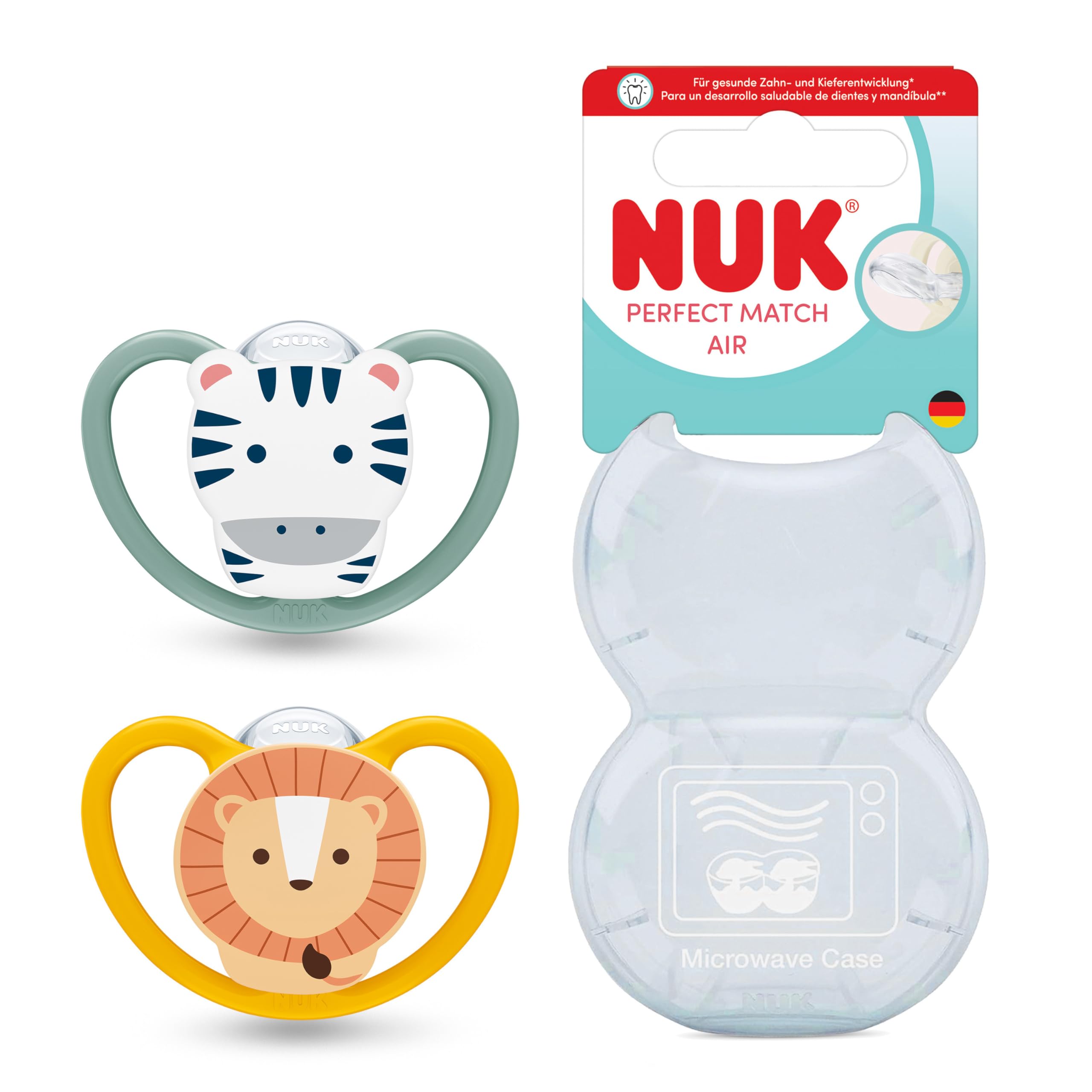 NUK Perfect Match Air Baby Dummies | 6-18 Months | Orthodontic Soothers That Promote Air Flow & Prevent Drool Rash | 95% Baby Acceptance** | Lion & Zebra | 2 Count