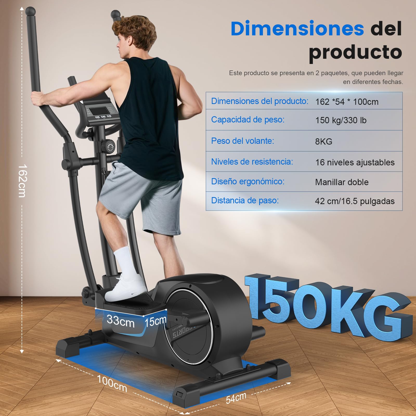 Neezee Eliptica para Casa, Elíptica Ultrasilenciosa con 16 Niveles de Resistencia, Volante de 8 kg, Zancada de 16,5 Pulgadas, Pantalla LCD Multifunción, Sensores de Pulso, Soporta hasta 150kg
