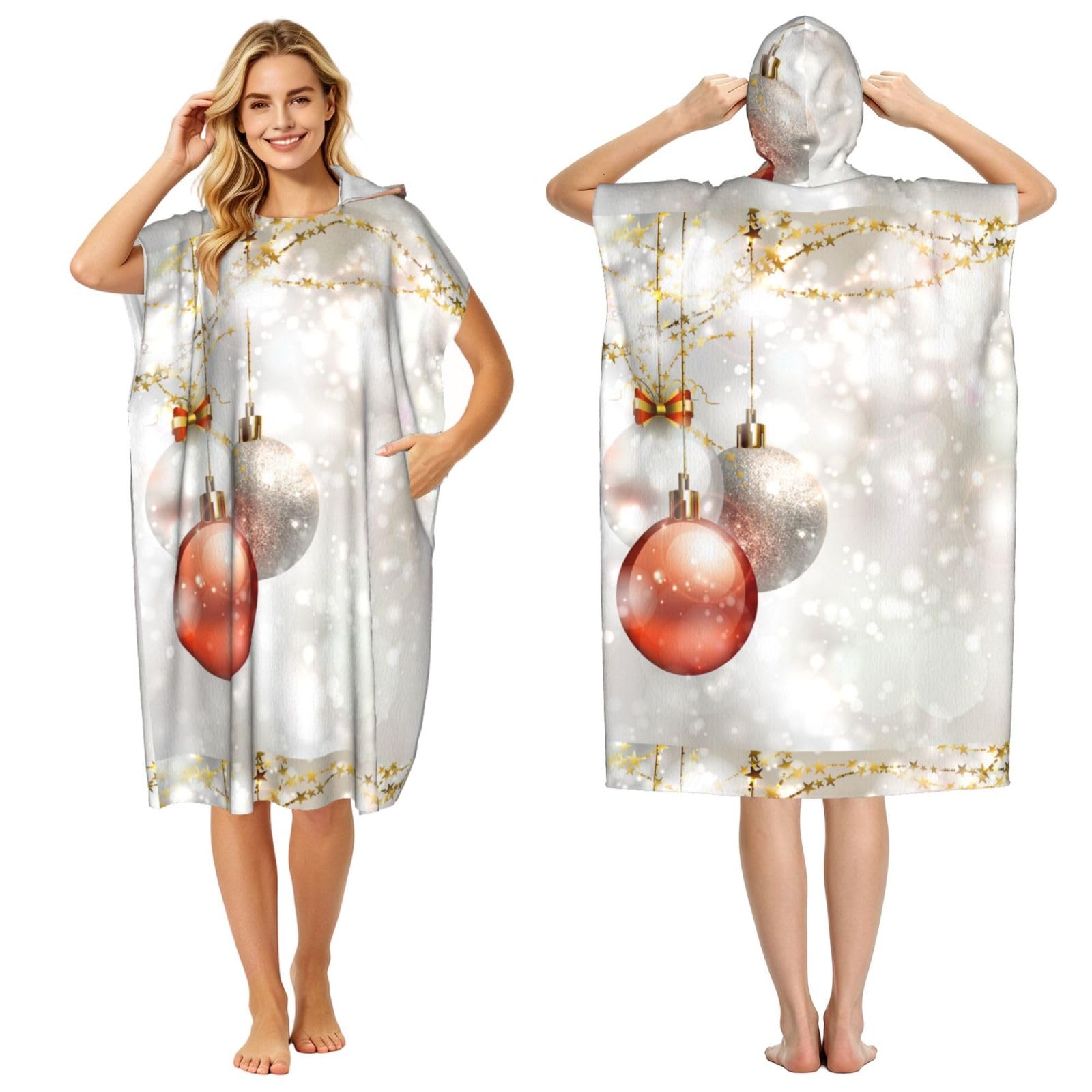 Poadnly Xmas Balls Print, Adult Hooded Beach Towel 90 x 110 cm,Changing Bath Robe, Surf Poncho Towel For Women Men