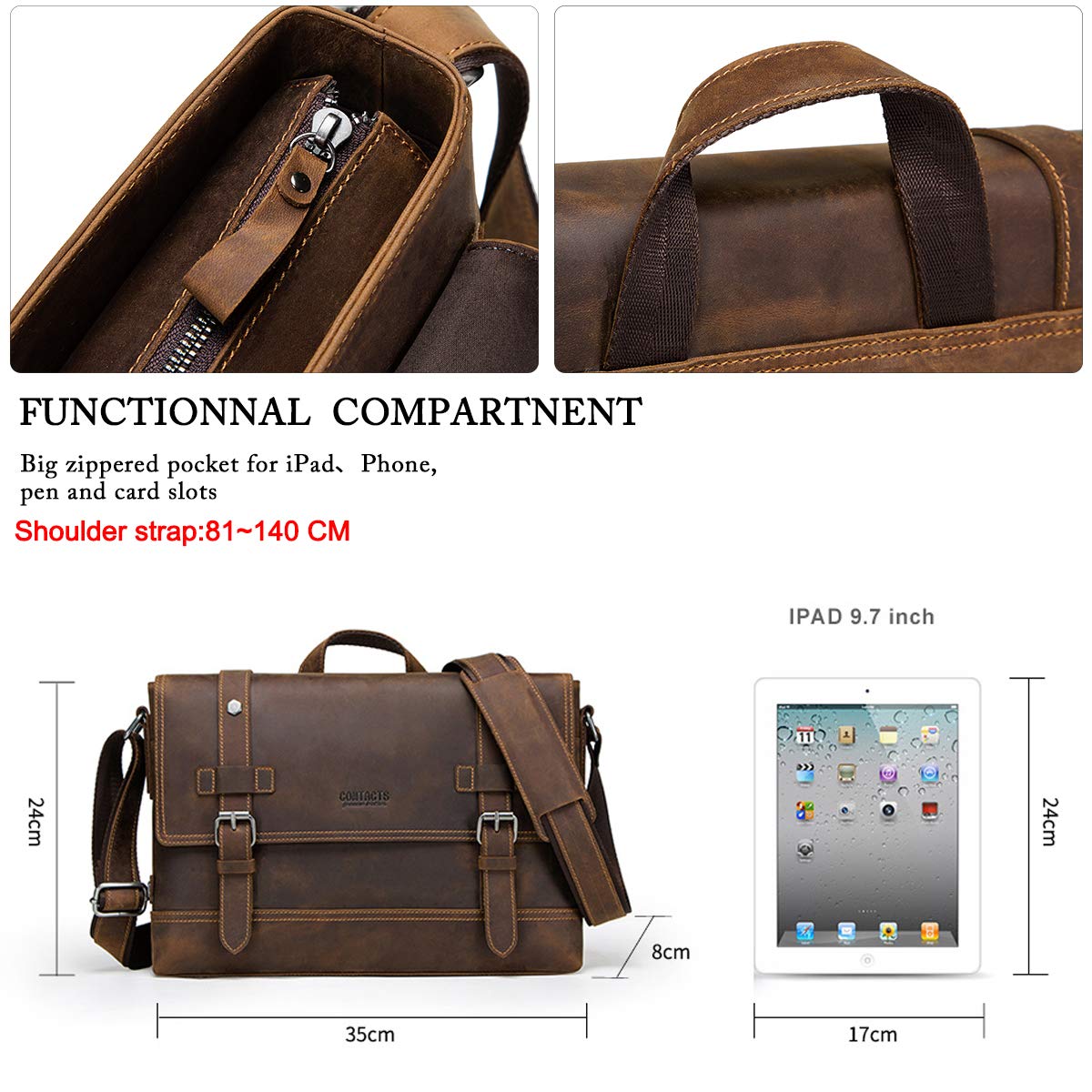 Contacts Crazy Horse Leather Messenger Bag for Men 12 Inch Laptop Briefcase Computer Shoulder Bag Travel Business (Brown)