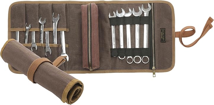 16OZ Waxed Canvas Tool Roll Bag, Heavy Duty Tool Storage Roll Bag with 7 Tool Slots & 1 Removable Pouch, Multi-Purpose Organizer for Wrenches Chisels Screwdriver, Grey + Brown
