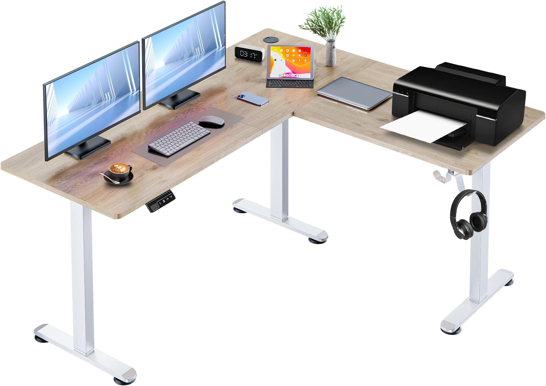 63” L Shaped Standing Desk,Electric Height Adjustable Corner Stand Up Desk, Ergonomic Sit Stand Home Office Computer Desk with Splice Board (Oak)