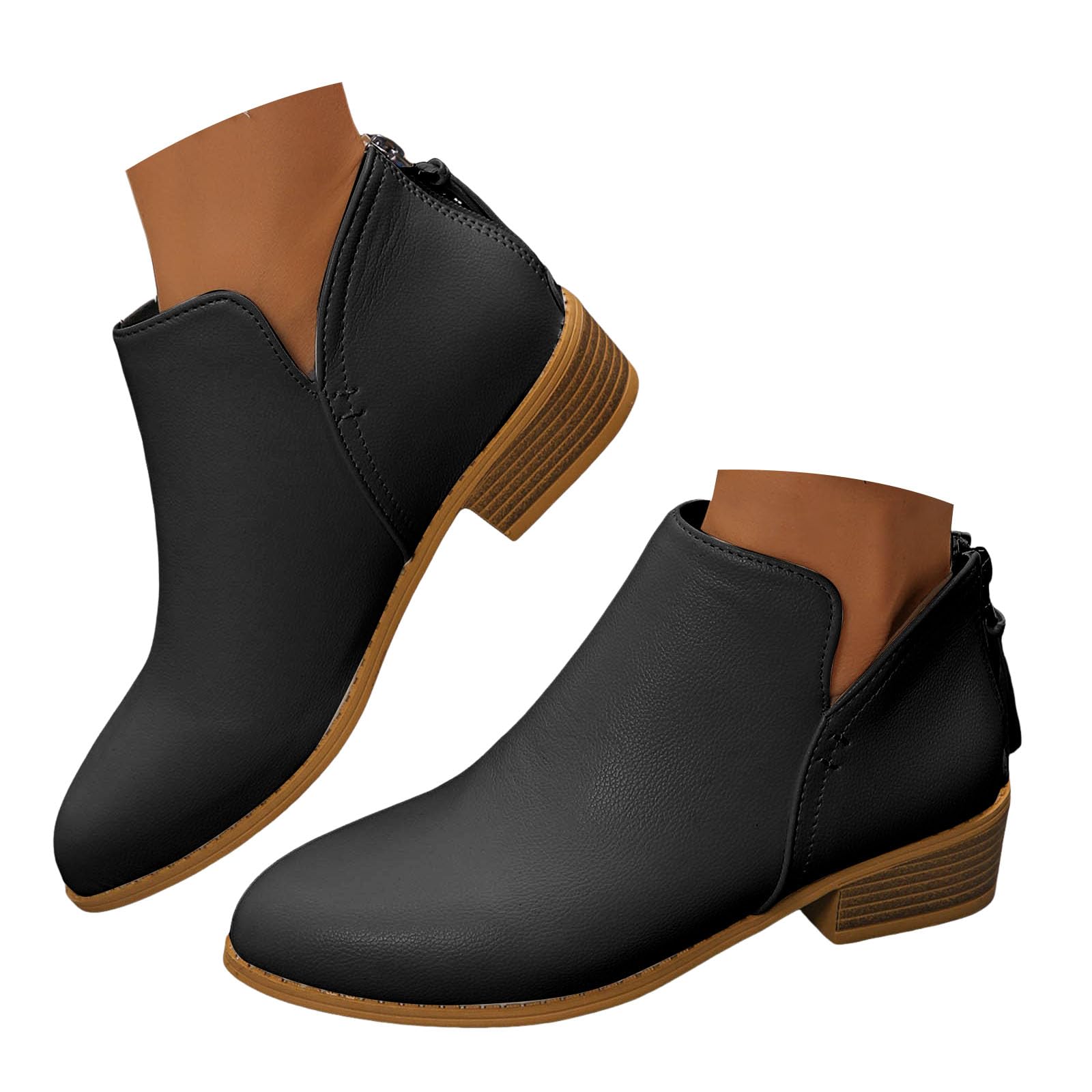 Women Casual Ankle Boots Leather V-Cut Chunky Block Heel Round Toe Back Zipper Western Solid Short Booties Retro