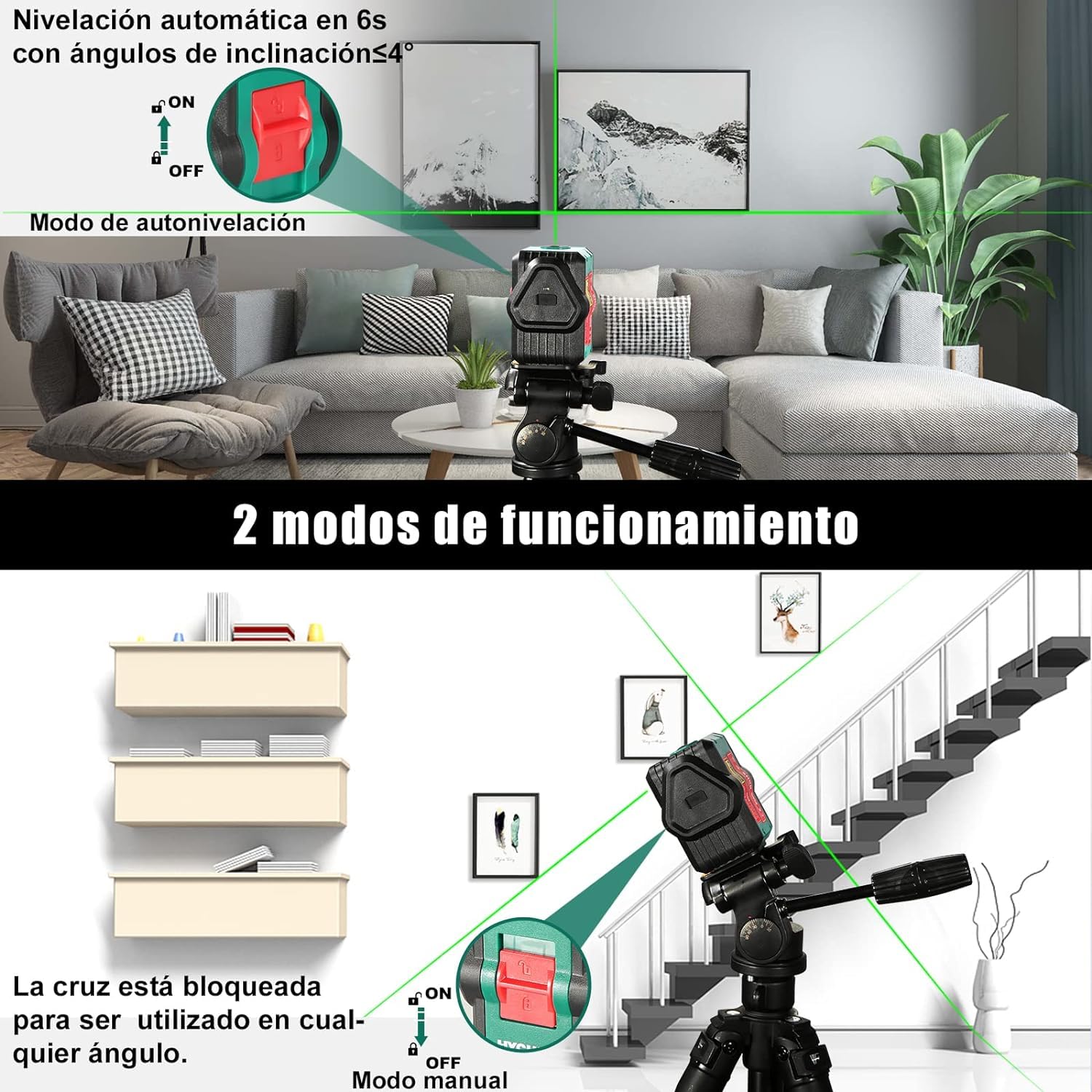 HYCHIKA Nivel Láser Verde 45M, USB Carga, Láser Autonivelante, IP54 en Exteriores, 2 Láser Módulo Línea Cruzado Vertical/Horizontal, Soporte Magnético, 360°Rotante