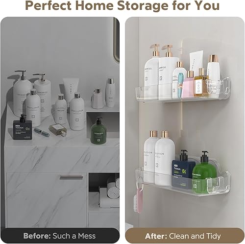 Miniatura 6 de Paquete de 2 organizadores acrílicos para ducha, sin perforaciones, con 4 ganchos extraíbles, estantes de ducha montados en la pared, soporte de