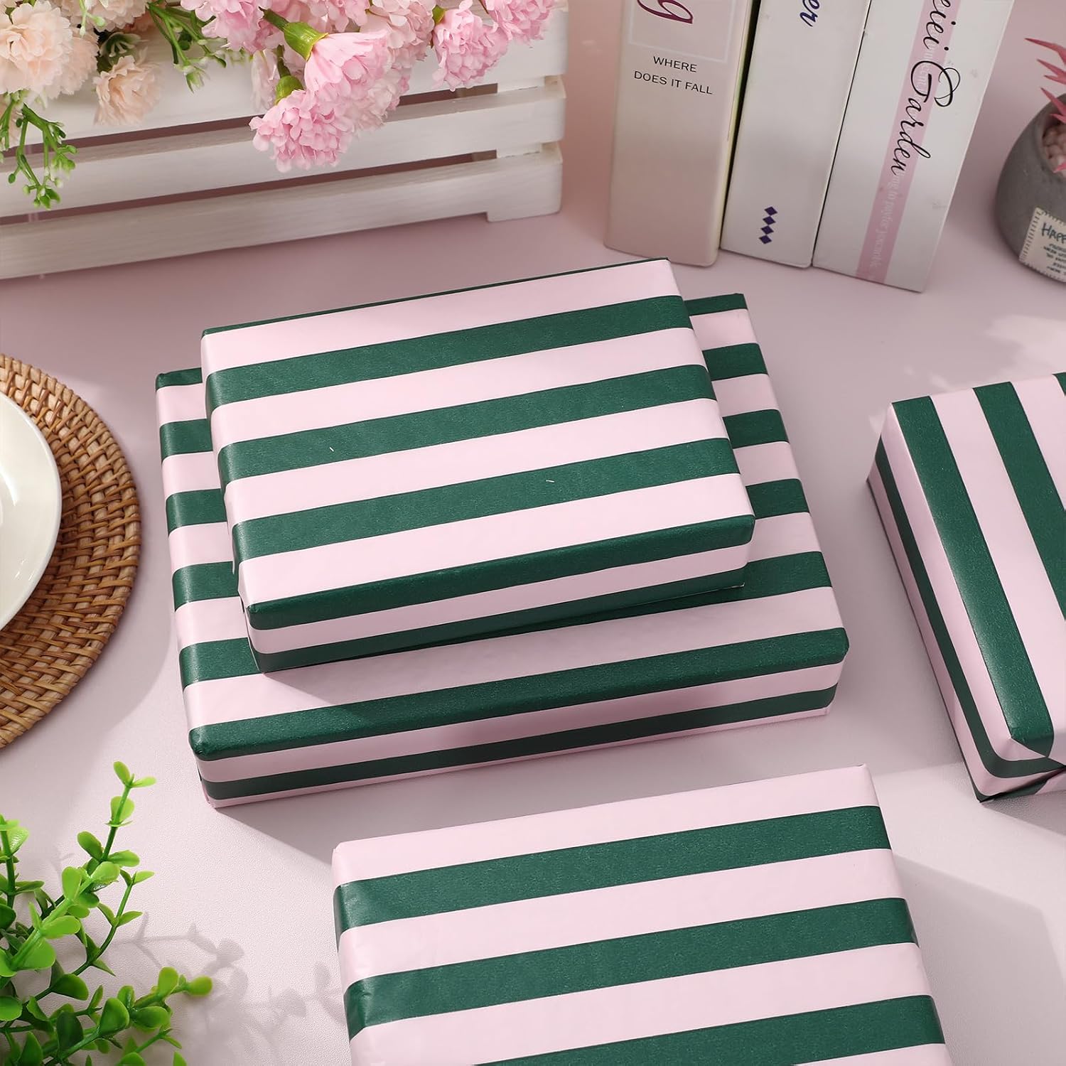 JarThenaAMCS 60 Sheets Stripe Tissue Paper Pink Green Stripe Wrapping Paper for Birthday Baby Shower Wedding Party DIY Crafts Supplies, 14 x 20 Inch