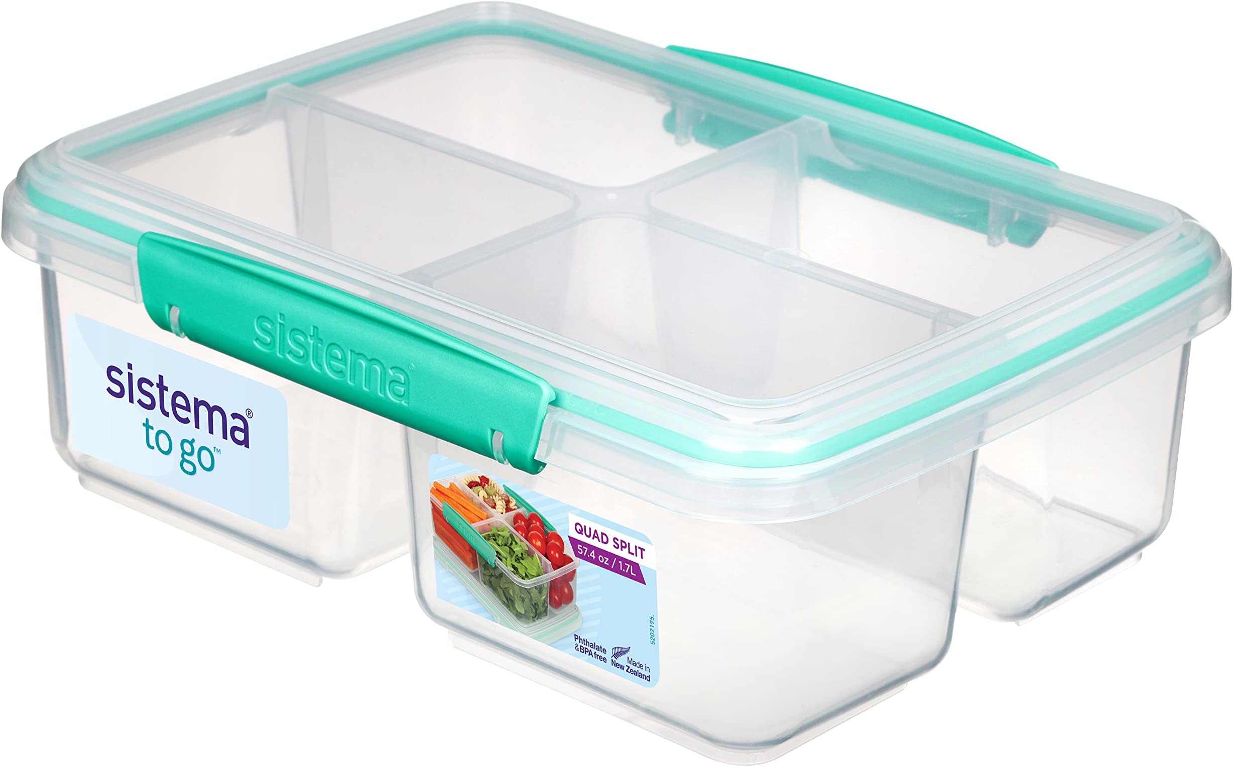Sistema To Go Quad Split Food Storage Container, Clear with Coloured Clips, 1.7 L