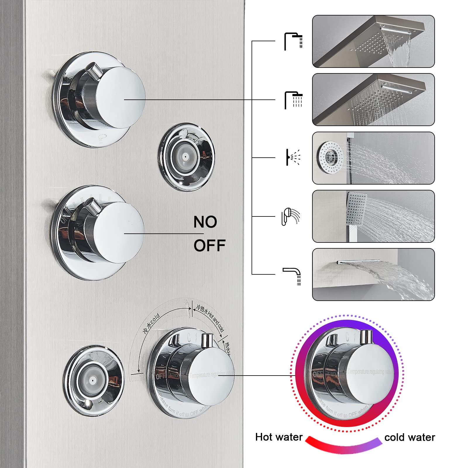 Columna de Ducha con Pantalla LCD, Sistema de Panel de Hidromasaje 3 en 1, Cabezal de Lluvia Grande, Masaje Corporal, Acero Inoxidable Cepillado