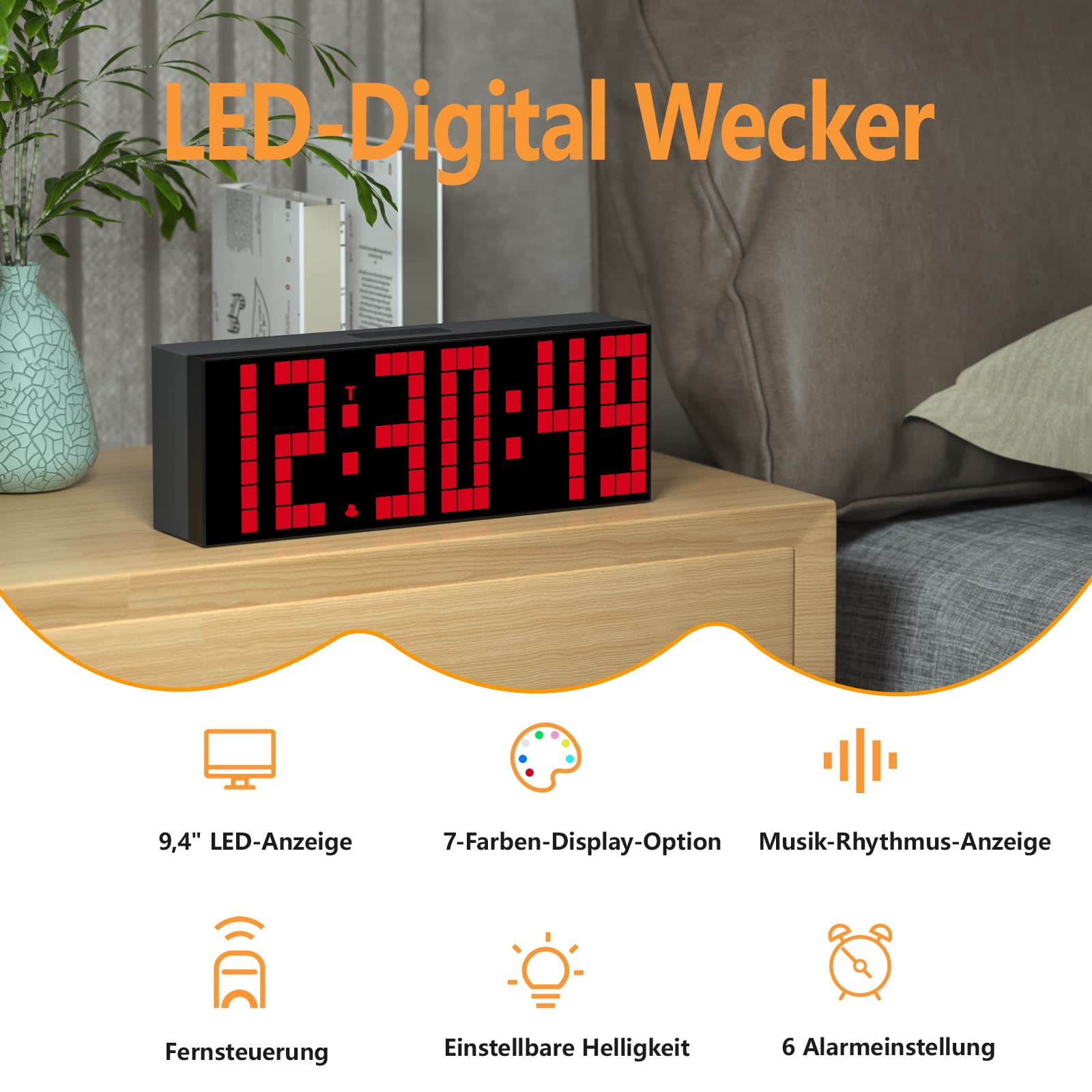 CHKOSDA Digitaler Wecker, Led-Uhr mit 2" Digital, 7 Farboptionen, einstellbare Helligkeit, Countdown-Uhr mit Fernbedienung, Kalender und Temperaturanzeige Tischuhr für Schlafzimmer