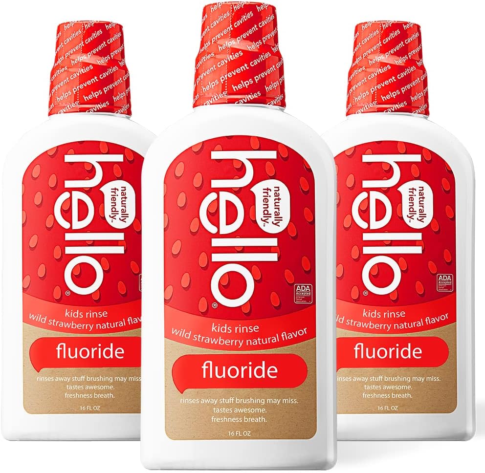 Hello Kids Wild Strawberry Natural Flavor Anticavity Fluoride Rinse - Vegan, Alcohol Free, and SLS Free Mouthwash for Children Age 2 and Up - 16 Ounce (Pack of 3)