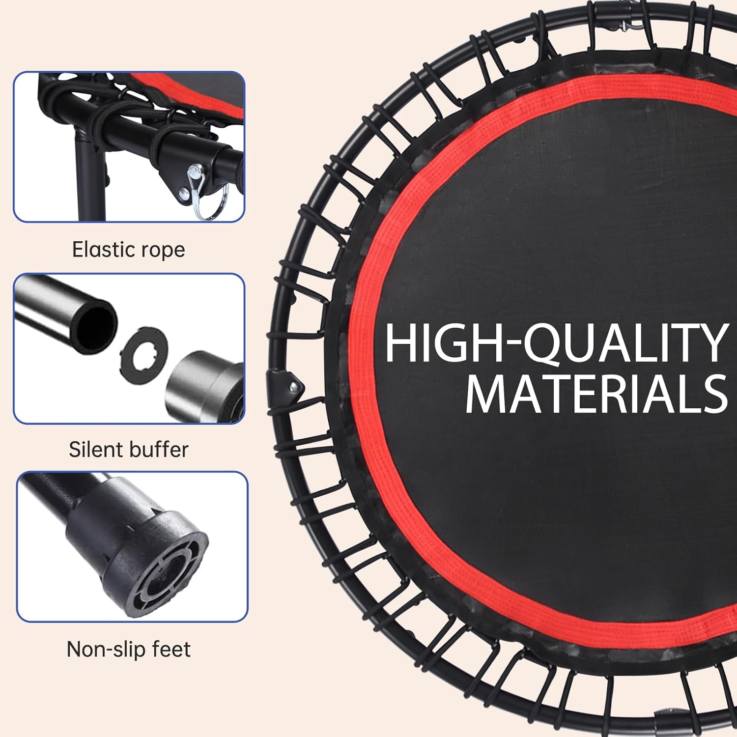 40" Foldable Rebounder Trampoline for Adults - Silent Fitness Bungee Rebounder, Home Exercise Trampoline for Low Impact Cardio, Indoor/Outdoor Portable Workout Trampoline