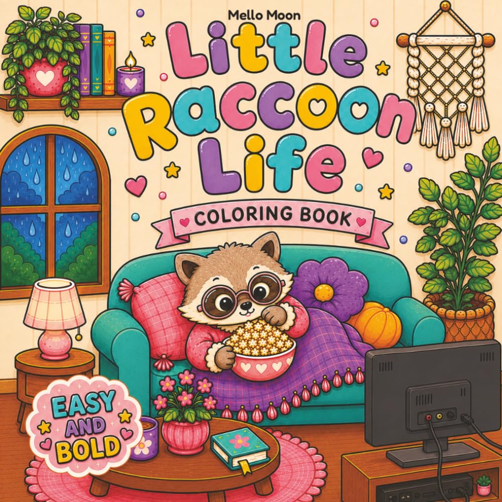 Little Raccoon Life: Cute & Cozy Bold and Easy Coloring Book for Adults and Teens: Featuring Adorable Raccoons, Relaxing Scenes, and Simple Stress Relieving Pages