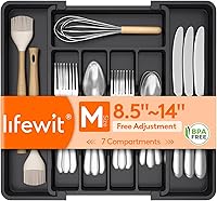Lifewit Expandable Silverware Drawer Organizer - Adjustable BPA-Free Utensil Tray for Forks Spoons Knives, Fits 8.5-14" Drawers, Black