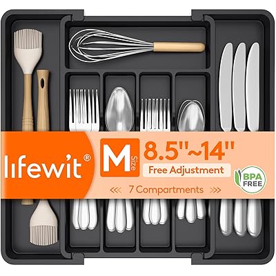 Lifewit Silverware Drawer Organizer, Expandable Utensil Tray for Kitchen, BPA Free Flatware and Cutlery Holder, Adjustable Plastic Storage for Spoons Forks Knives, Large, White