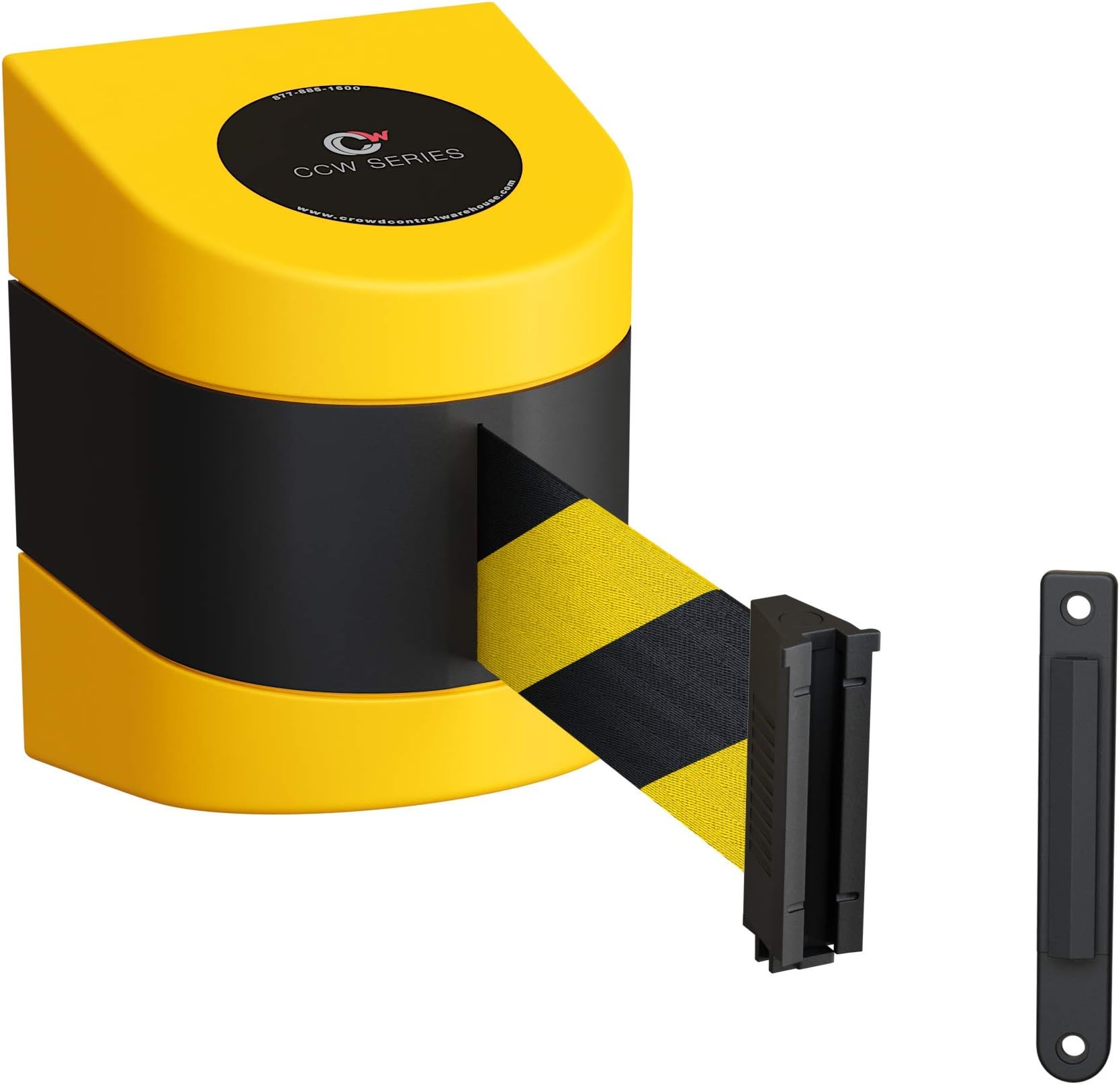 Crowd Control Warehouse - CCW Series WMB-230 Fixed Wall Mount Retractable Belt Barrier - 30 Foot, Black and Yellow Safety Belt with Yellow ABS Case, Crowd Control Barriers