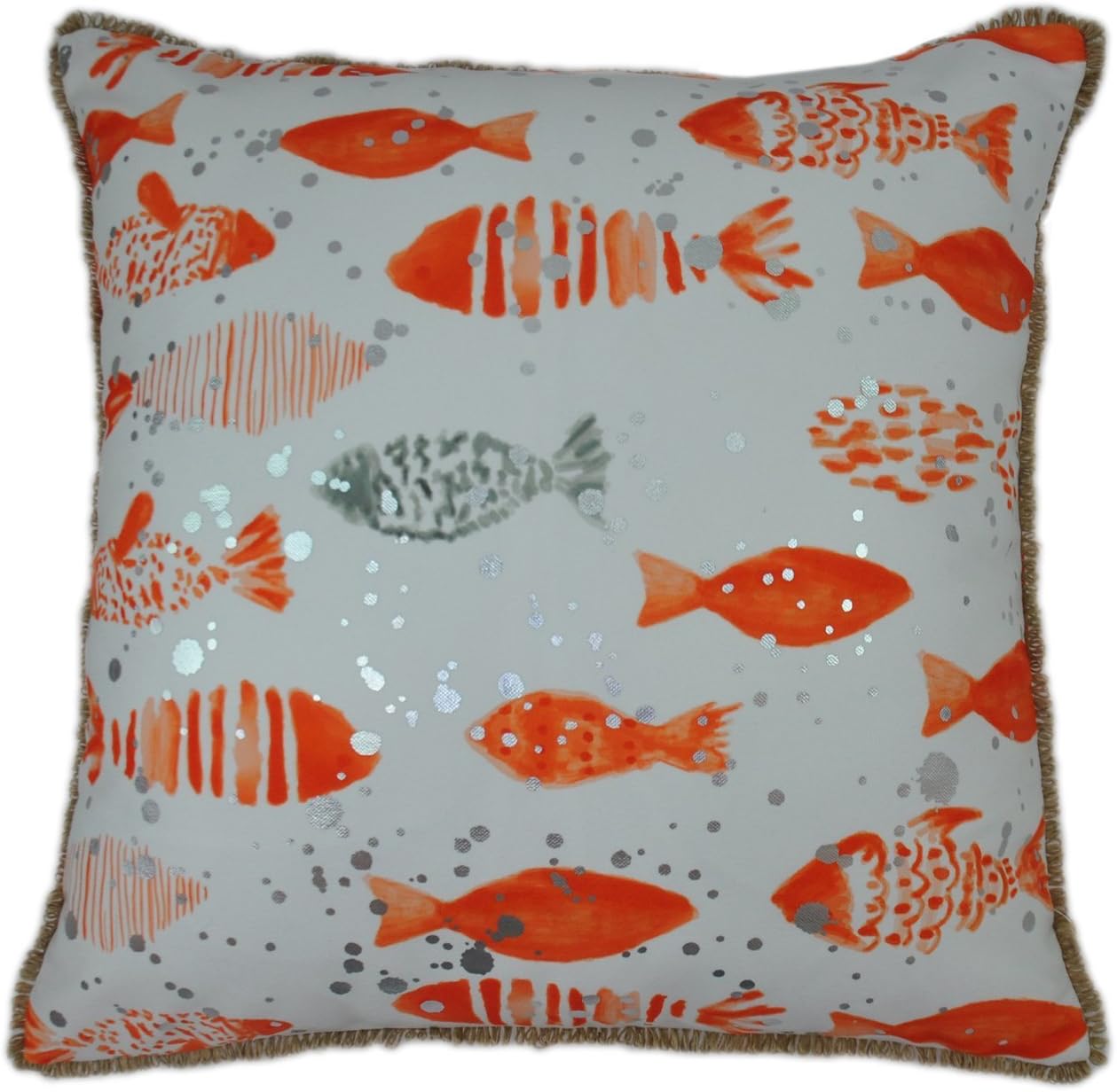 Watercolor Print Fish School Square Decorative Throw Pillow Case Cushion Cover, With Silver Splatter Dots, Jute Looped Fringe, 20"X20", 1PC (Flame)