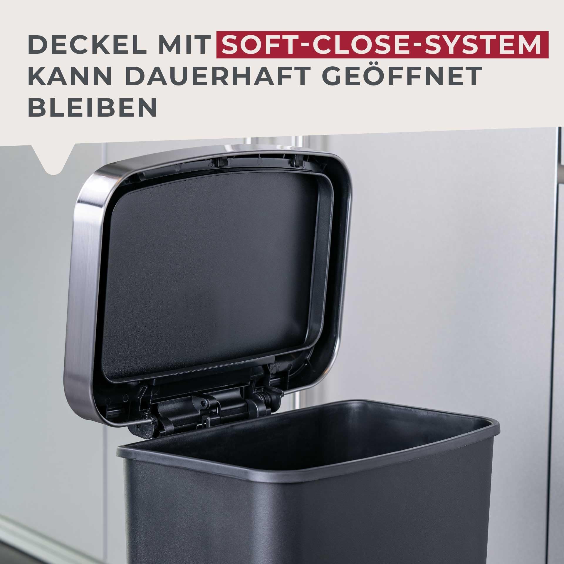 FACKELMANN SEATTLE Pedal-Abfallsammler 45L, Schwarz – Stilvoller Mülleimer mit Soft-Close System & robustem Pedal für Küche und Büro