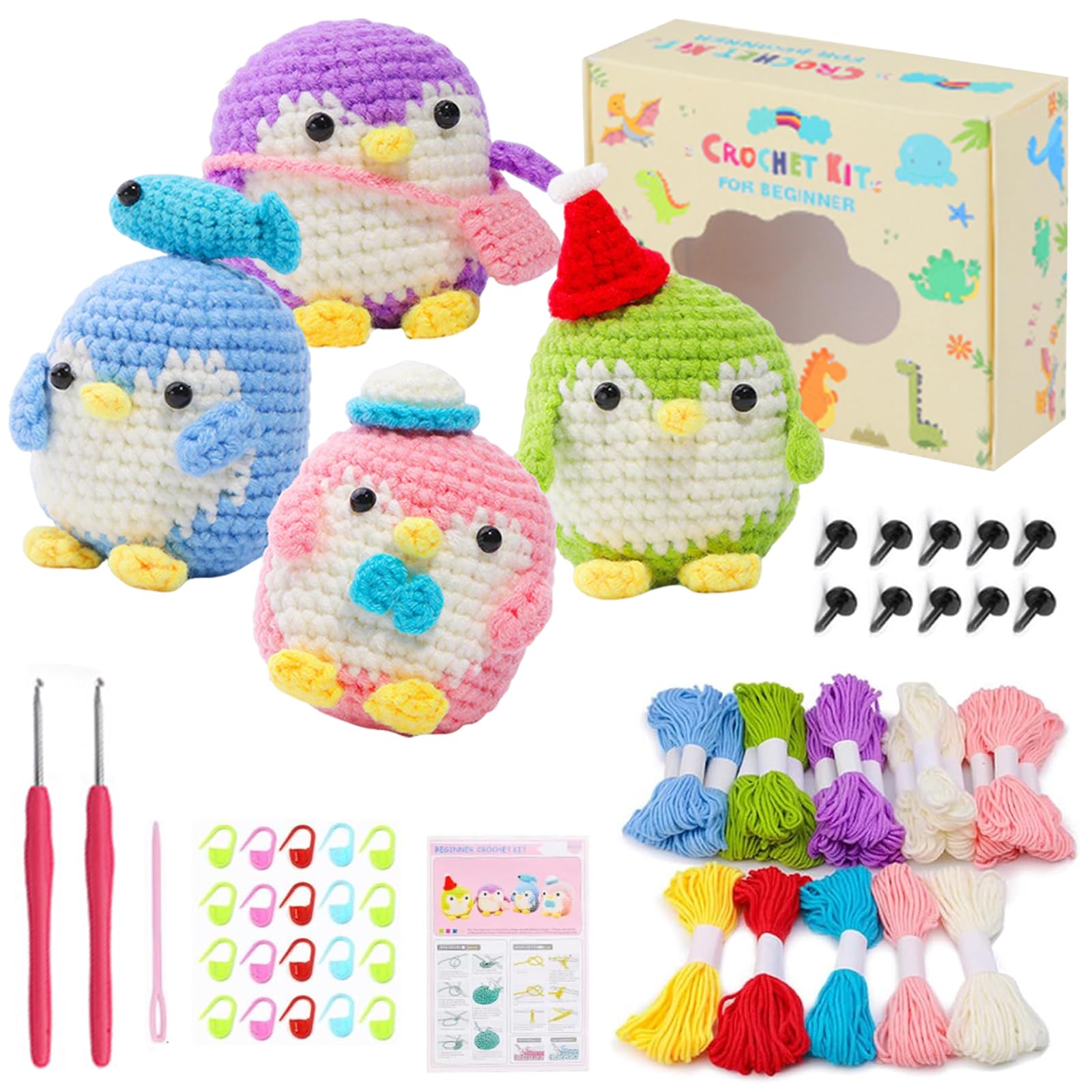 InteDesign 4PCS Cute Penguin Crochet Kit for Beginners, Amigurumi Crochet Animal Kit,Crochet Starter Kit Step-by-Step Video Tutorials, Adults Crochet Starter Kit with Gift Box (Penguin)