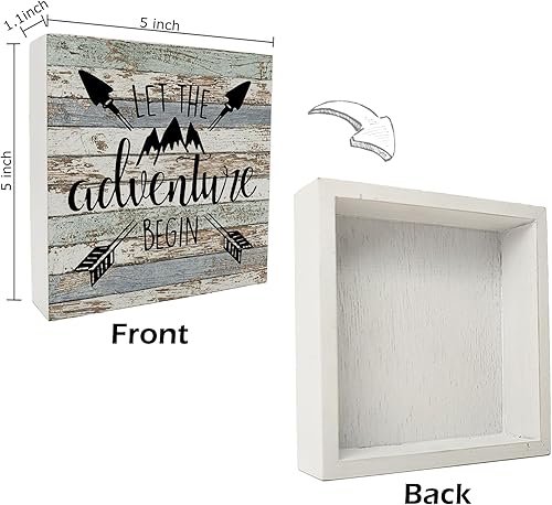 Miniatura 6 de kunlisa Letrero de madera con texto en inglés "Let The Adventure Begin Camping", decoración de escritorio, caja de madera rústica, caja de placa