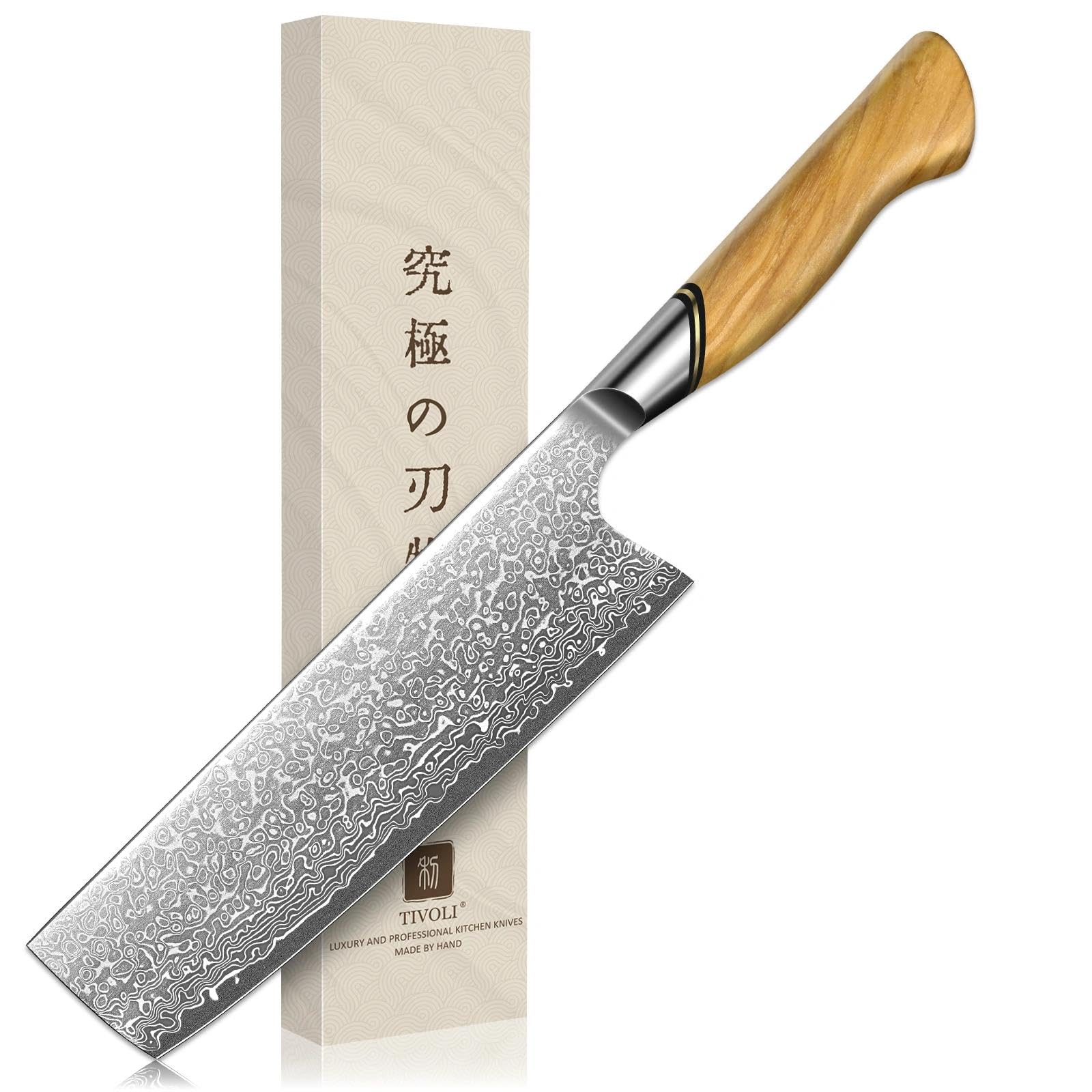 TIVOLI Damascus Nakiri Knife 6.5 Inch – Japanese VG-10 Multipurpose Kitchen Knife for Vegetables and Meat with Ergonomic Olive Wood Handle, Gift for Mom &amp; Dad