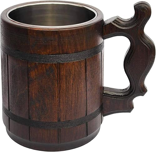 Taza de madera hecha a mano, taza de acero inoxidable de 20 onzas, jarra de cerveza tallada natural, color marrón antiguo, taza de cerveza tallada