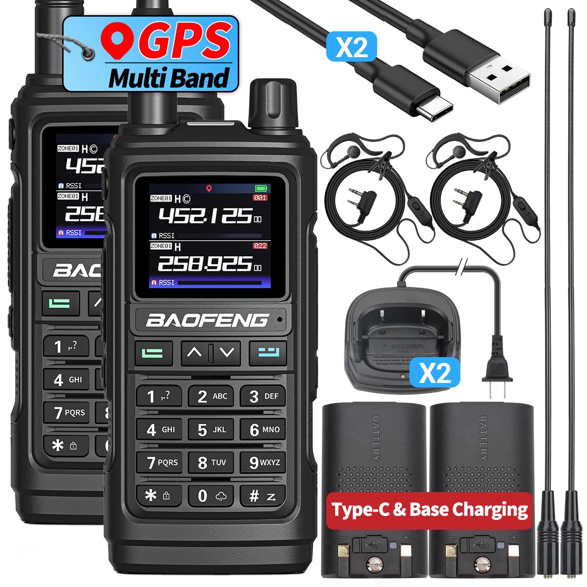 BAOFENG UV-17 PRO GPS Ham Radio Long Range Handheld Radios Walkie Talkies 999 Channels NOAA Weather Receiver Copy Frequency DTMF USB Charger High Gain Antenna, 2 Pack
