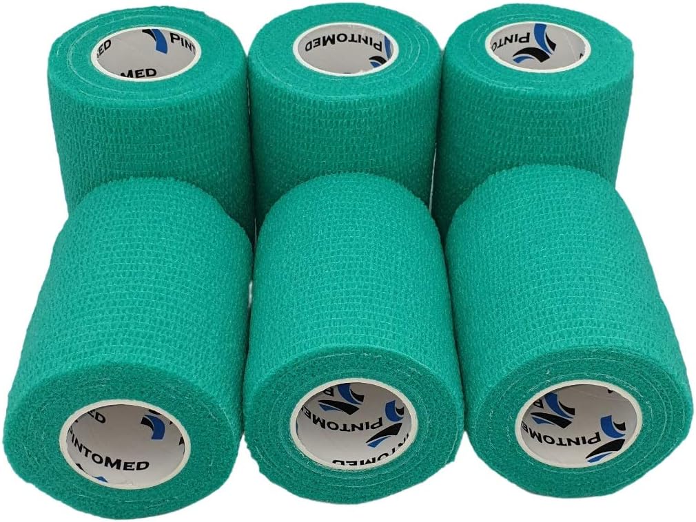 PintoMed – 6X Green x 7.5cm x 4.5m - Cohesive Bandage Stretched, Self-Adhesive Flexible Bandages, First Aid Sports Wrap Bandages Pack Individually for Medical, Sports and Veterinary use.