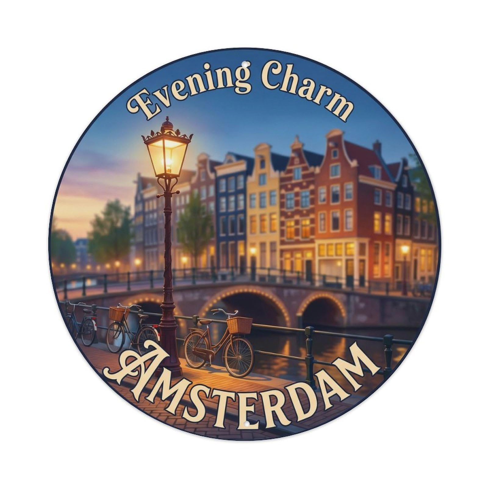 Amsterdam Street Heritage Lamp Destination Scenic Landmark Metal Tin Sign Plaque Wall Decor for Cafe, Man Cave, Club Bar, Office, Home Garden Round Metal Poster 8x8Inch
