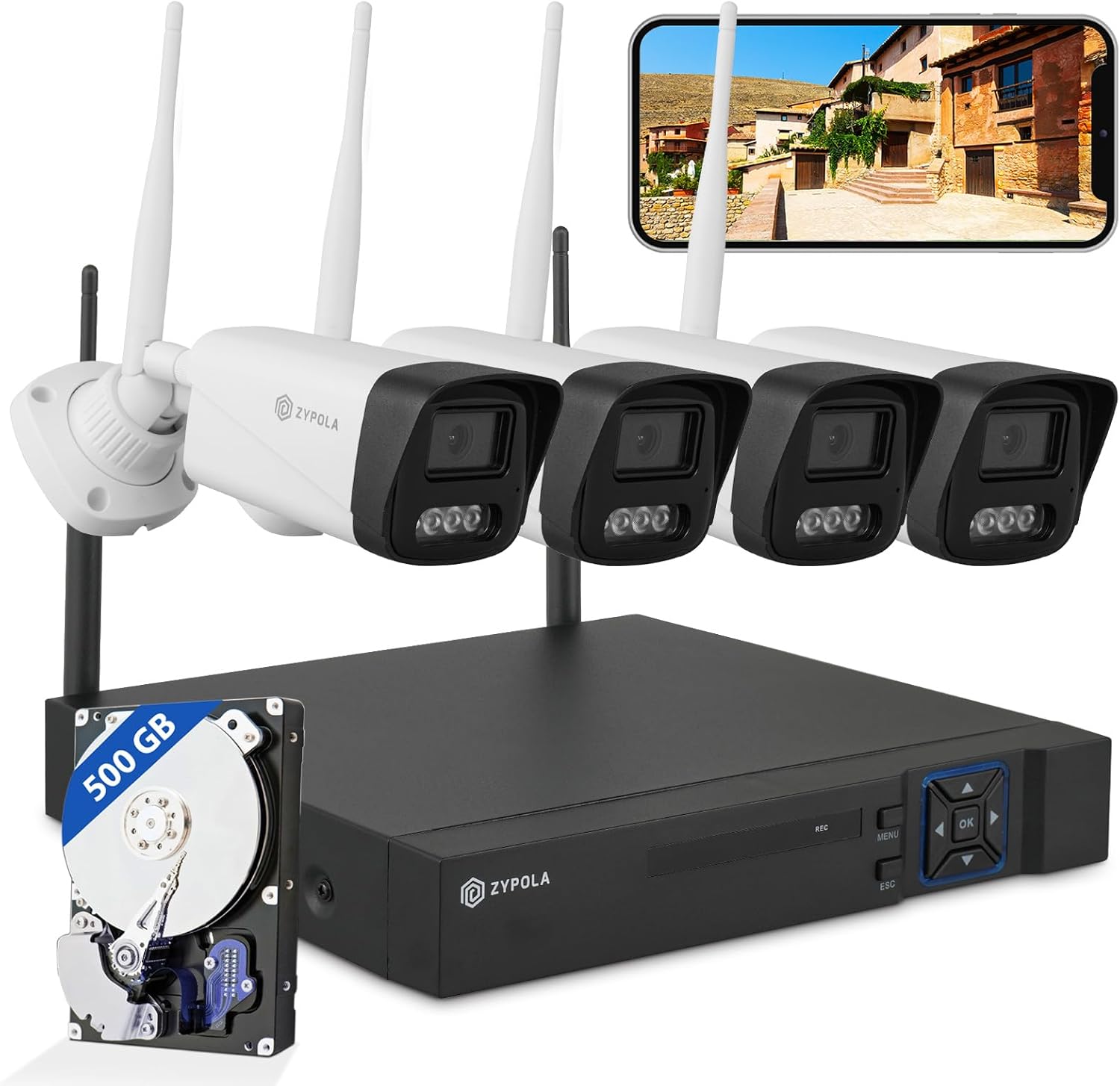 Zypola® Wi-fi Safety Digicam System, 4CH NVR with 500GB HDD, 4pcs 2MP WiFi Cameras, HD Video, Evening Imaginative and prescient, Weatherproof, Movement Detection for Dwelling & Enterprise