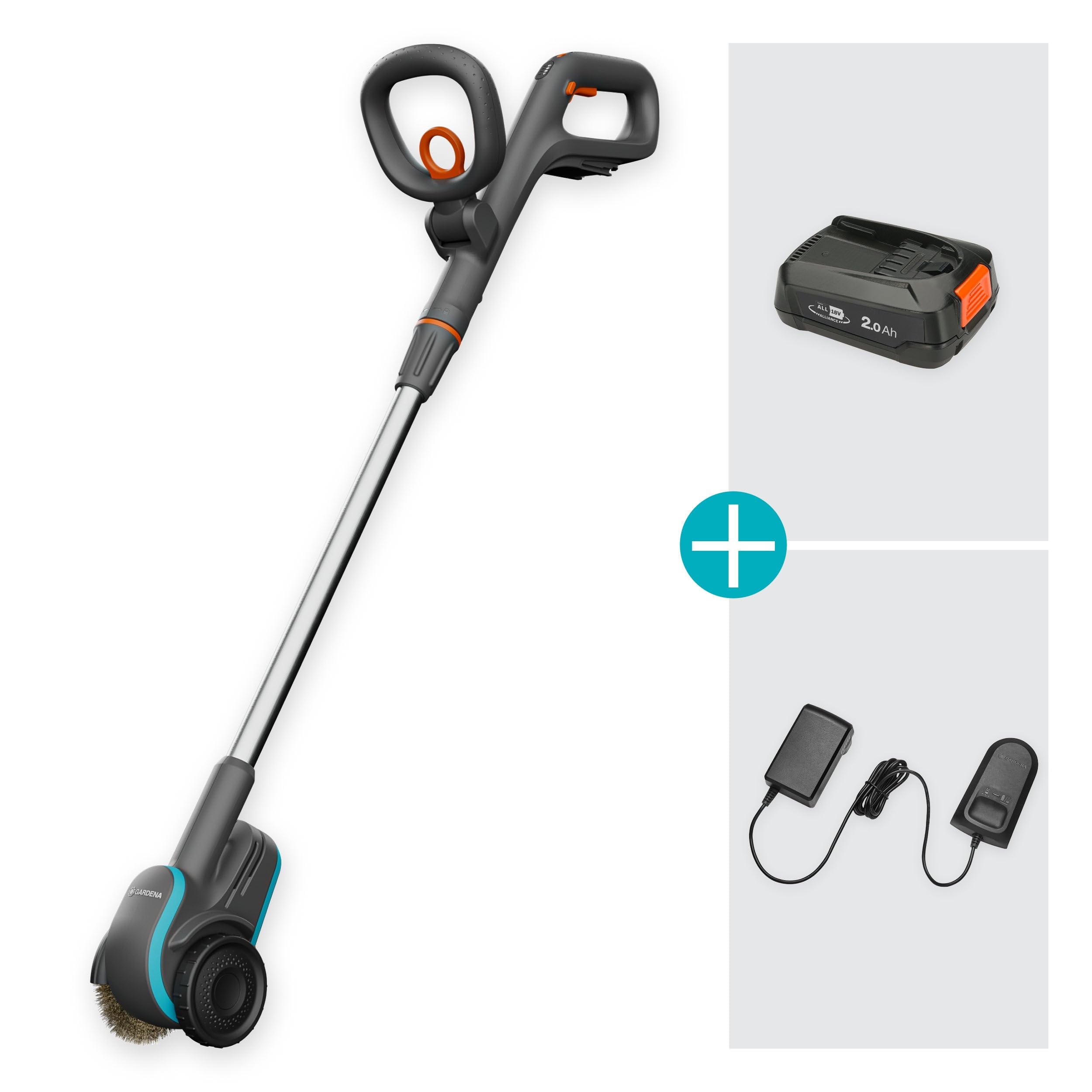 Gardena Cepillo para las malas hierbas a batería EasyWeed 1800/18V P4A Set listo para usar: Limpiador de juntas de malas hierbas, Fácil de manejar, Disco de alambre de acero (14820-20)