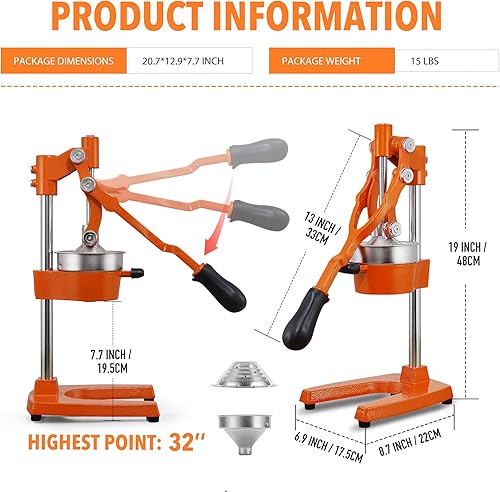 Miniatura 7 de Prensa manual de hierro fundido de hierro fundido extra alta de 19 pulgadas de altura, manual, naranja, cítricos, limón, lima, pomelo, granada, jugo