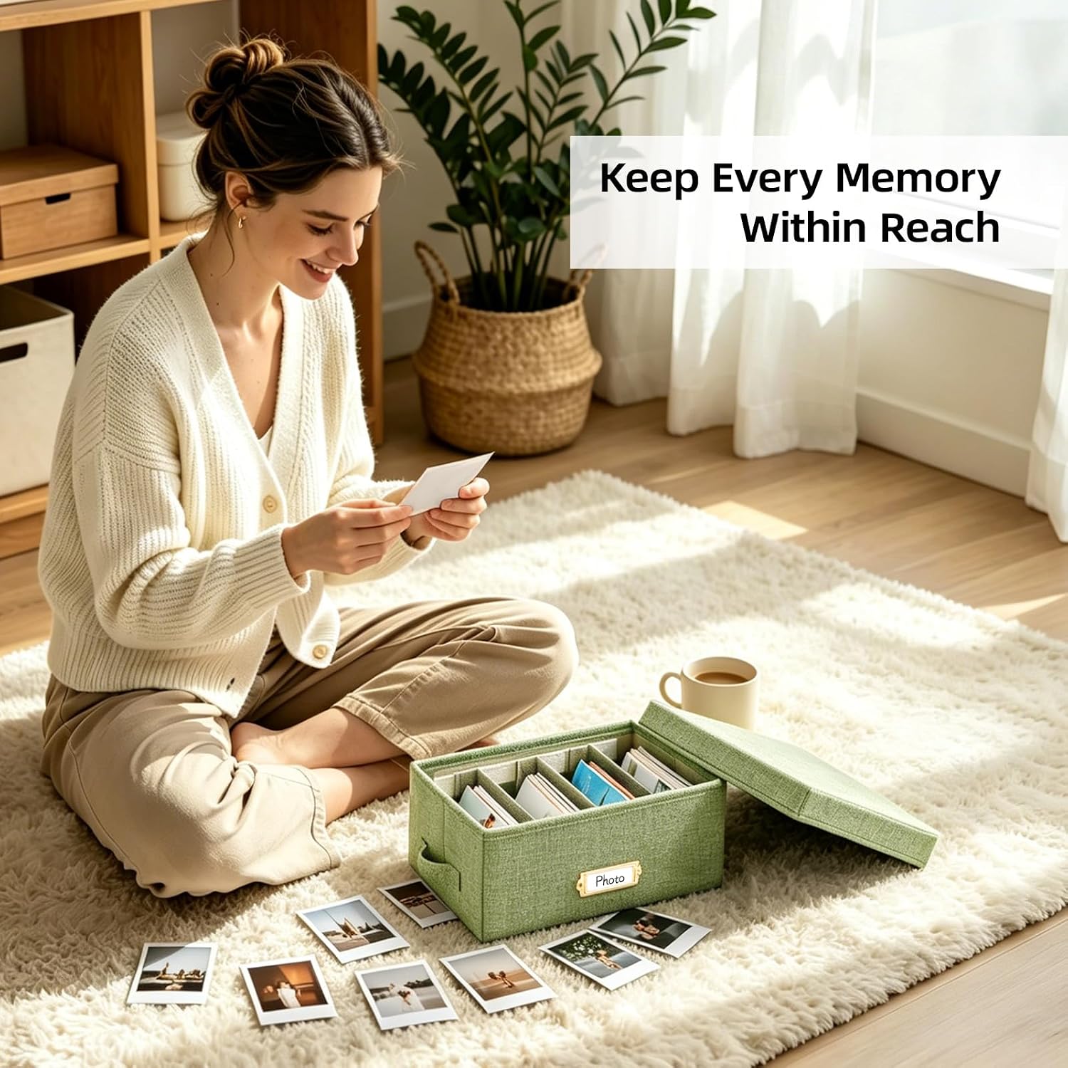 Linen Photo Storage Box with Adjustable Hook and Loop Dividers, Holds 850 4"x6" Photos, Collapsible Picture Organizer with Handle and Label Stickers, Memory Keepsake Box for Women, Grass Green